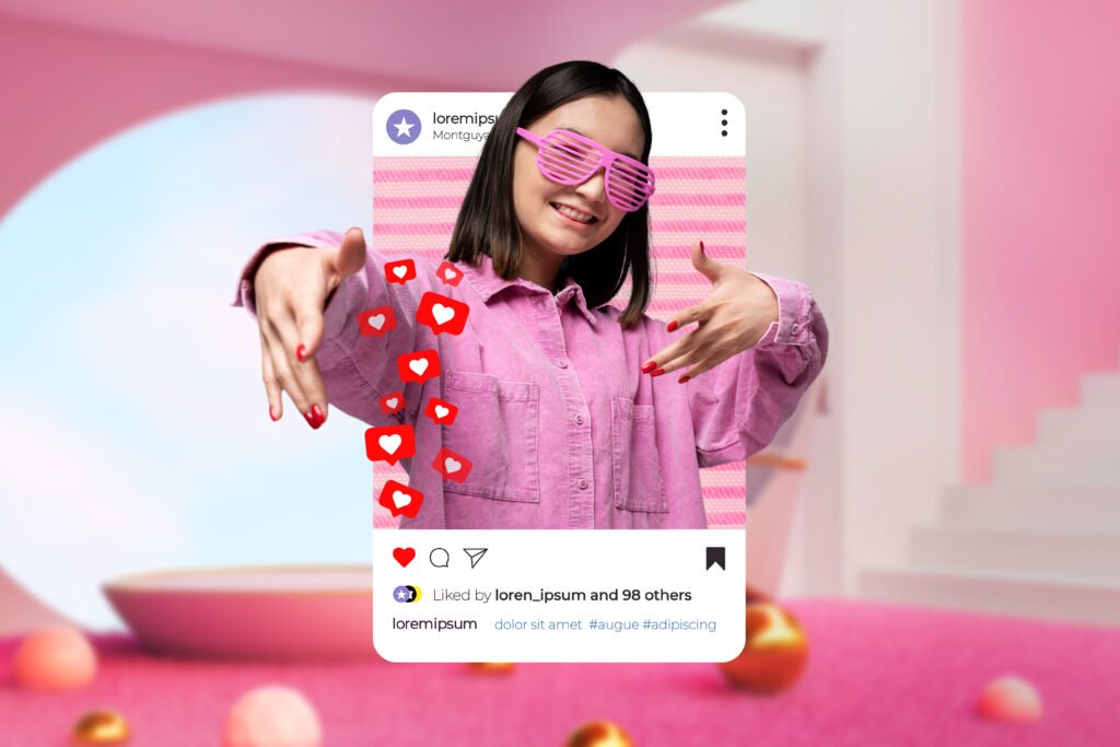 Una persona creadora de contenido con gafas de sol rosas y un marco de foto para redes sociales